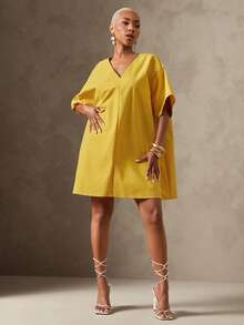 Vixey Solid Woven Drop Shoulder Sleeve Boxy Oversized Short Dress, Resort Wear, Beach To Dinner, Resort Chic, Vacation Ready, Cruise Outfit, Vacation Outfit - Mustard Yellow - View 3
