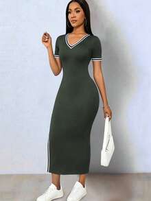 Elenzga Elegant Casual Fashion Dark Green Contrast Color Elastic Knit Fitted Single Hem Slit V-Neck Short Sleeve Dress For Women Occasion Summer - Dark Grey - View 4