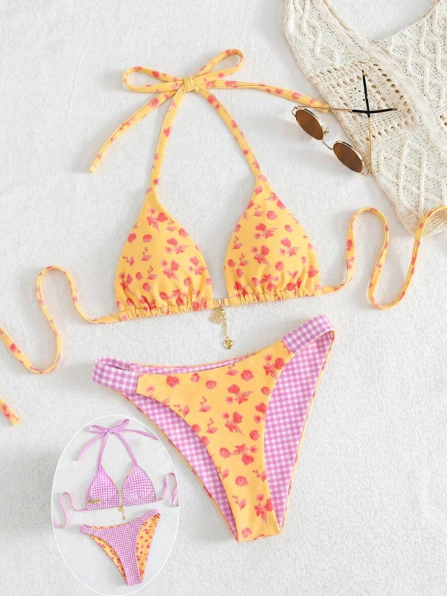 Swim Mod 2026春夏新款大尺碼女款兩件式比基尼套裝,花卉隨機印花可正反穿,甜美可愛,適合夏季海灘度假 - 彩色 - 查看 1