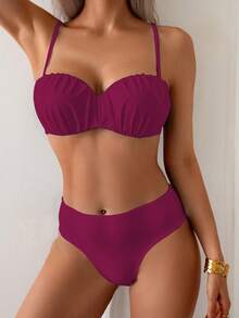 Swim Lushoire Springbreak Solid Color Underwire Sexy Bikini 2 Pieces Swimwear For Women - Burgundy - View 1