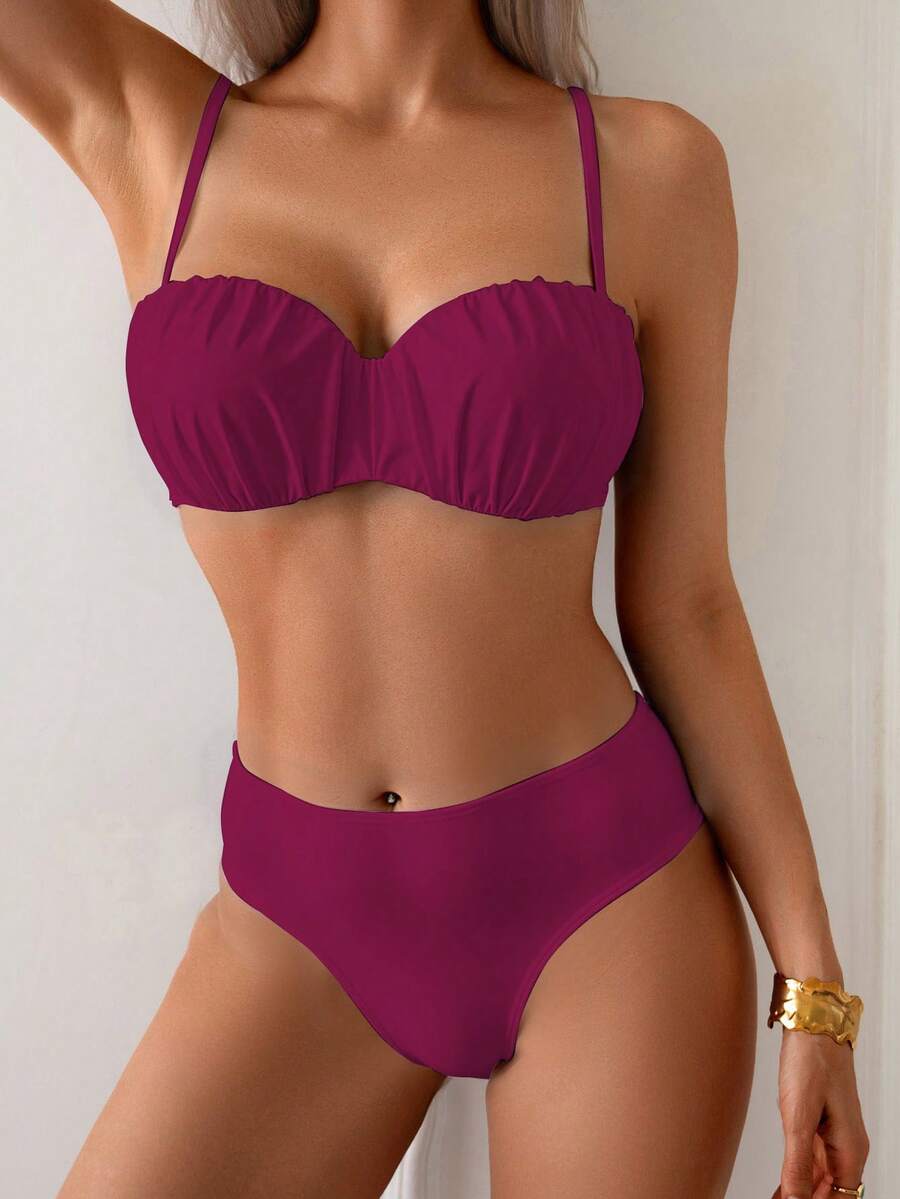 Swim Lushoire Springbreak Solid Color Underwire Sexy Bikini 2 Pieces Swimwear For Women - Burgundy - View 1