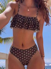 Swim Mod 花卉蕾絲可愛甜美復古休閒度假海灘海邊女款泳衣套裝 - 巧克力棕 - 查看 1
