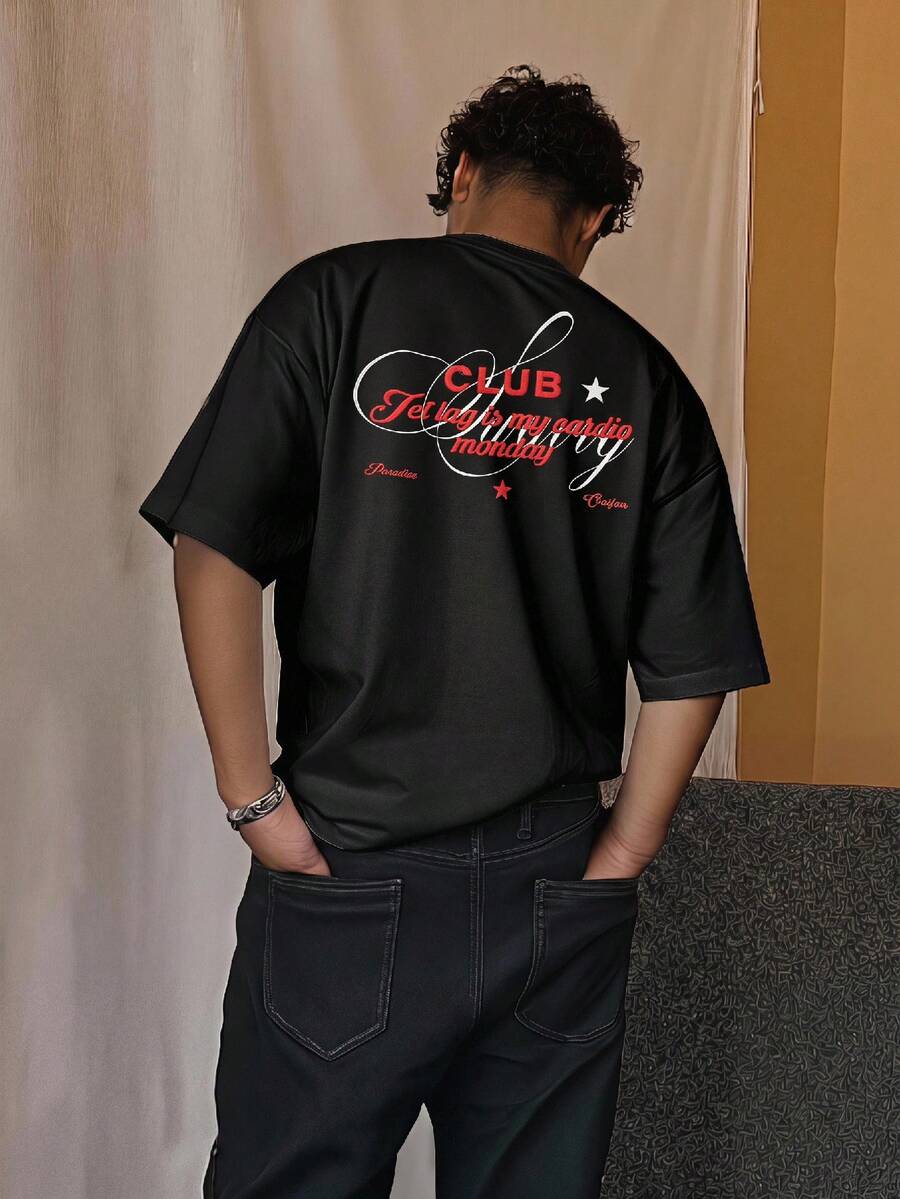 SWAVVY 男士夏季休閒寬鬆版型標準尺寸黑色圓領短袖正反面印花T恤 - 黑色 - 查看 1