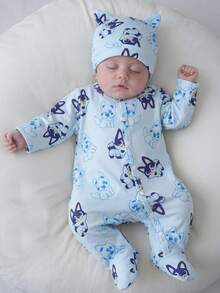 SHEIN 新生儿可爱卡通动物印花长袖连体衣+帽子两件套服装，简约时尚，蓝色 - 藍色 - 查看 1