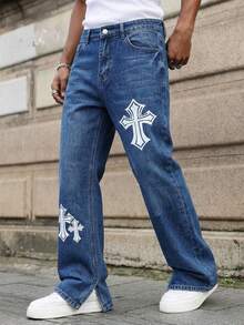 Manfinity EMRG Men's Minimalist Print Denim Jeans - Blue - View 5
