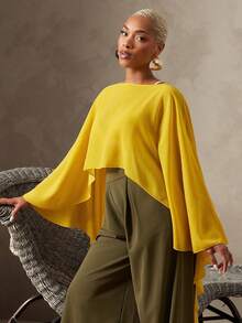 Vixey Sheer Solid Chiffon Boat Neck Draped Overlay Layering Top, Resort Wear, Beach To Dinner, Resort Chic, Vacation Ready, Cruise Outfit, Vacation Outfit - Yellow - View 3