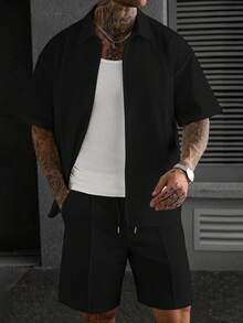 Manfinity CasualCool 男士成熟休閒襯衫套裝，牙籤褶皺與拉鍊設計，適合日常穿著，送給男友與丈夫的理想禮物 - 黑色 - 查看 3