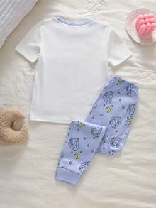 2pcs/Set Girls' Knit Round Neck Short Sleeve Long Pants Blue & White Cartoon Cute Funny Painted Rabbit Simple Casual Comfortable Soft Fitted Loungewear Set Summer - Blue and White - View 2