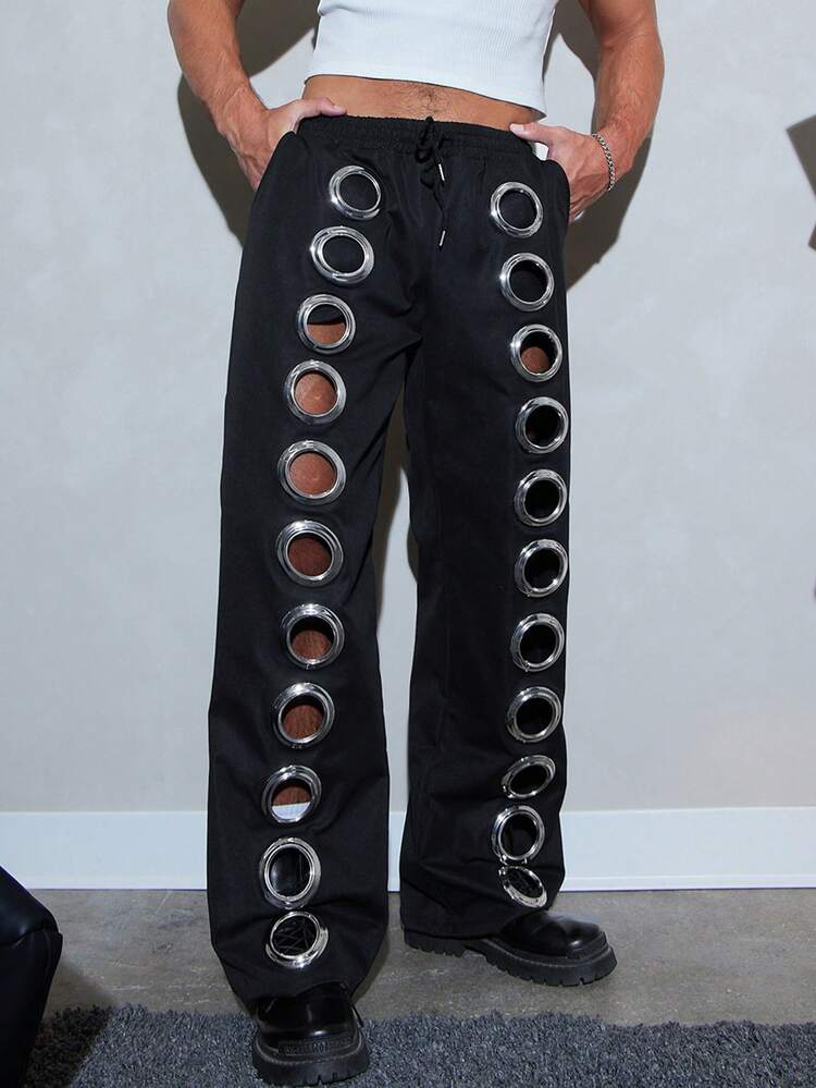 FeverCity Men's Fashion Hollow Metal Decor Pants - Black - View 3