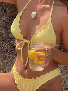 SHEIN Swim 女款夏季波點印花性感細肩帶蝴蝶結比基尼兩件式泳衣海灘度假套裝 - 黃色 - 查看 4