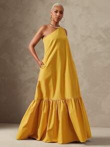 Vixey Solid Woven One Shoulder Tiered Hem Maxi Dress With Pockets, Resort Wear, Beach To Dinner, Resort Chic, Vacation Ready, Cruise Outfit, Vacation Outfit - Yellow - View 1