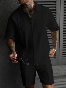Manfinity CasualCool 男士成熟休閒襯衫套裝，牙籤褶皺與拉鍊設計，適合日常穿著，送給男友與丈夫的理想禮物 - 黑色 - 查看 4