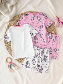 4pcs/Set Young Girl' Cartoon Unicorn Print Short Sleeve Top And Shorts Set, White & Pink Knit Round Neck, Comfortable Stretchy Pajamas For Summer - Multicolor - View 2
