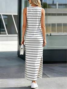 Silhoulove Vestido de tirantes con rayas gris claro y abertura lateral - Blanco - Ver 7