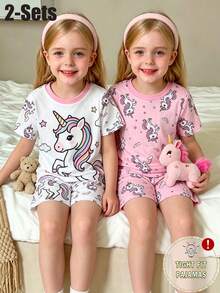 4pcs/Set Young Girl' Cartoon Unicorn Print Short Sleeve Top And Shorts Set, White & Pink Knit Round Neck, Comfortable Stretchy Pajamas For Summer - Multicolor - View 4