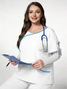 TaskEZ White Plus Size Women's Fashion V-Neck Short Sleeve Contrast Color Patchwork Decor Blue Trim Uniform, Double Pocket Nurse Scrub Top, Summer Work Uniform - Multicolor - View 5