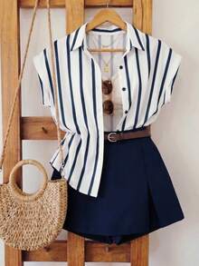 SHEIN LUNE Women Navy And White Striped Shirt And A-Line Skort Two Pieces Set,Short Sleeve Button Down Top Solid Skort,Summer,Smart Casual,Elegant,Vacation - Blue and White - View 1