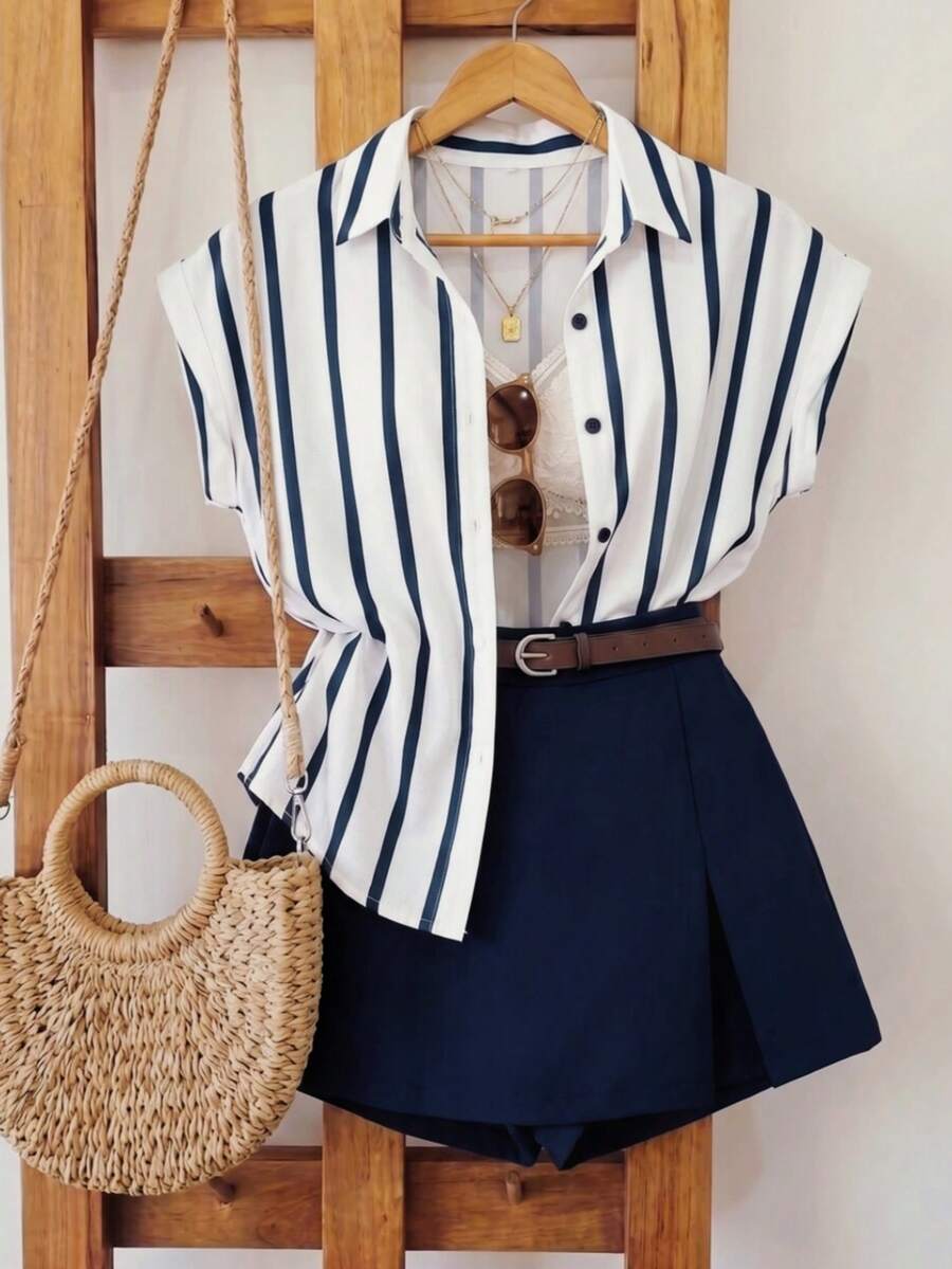 SHEIN LUNE Women Navy And White Striped Shirt And A-Line Skort Two Pieces Set,Short Sleeve Button Down Top Solid Skort,Summer,Smart Casual,Elegant,Vacation - Blue and White - View 1