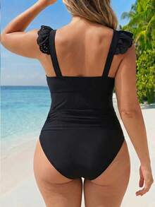 Swim Vcay 2026 Primavera/Verano Nuevo Bikini de Tira Talla Grande unicolor Traje de Baño Fruncido Minimalista Traje de Baño de Dos Piezas para Mujer - Negro - Ver 2
