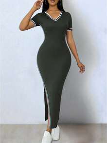 Elenzga Elegant Casual Fashion Dark Green Contrast Color Elastic Knit Fitted Single Hem Slit V-Neck Short Sleeve Dress For Women Occasion Summer - Dark Grey - View 6