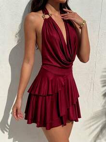 Bonvoyette Women's Solid Color Cowl Neck Backless Halter Ruffle Tiered Beach Cover-Up Dress - Burgundy - View 3