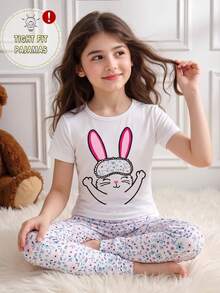 SHEIN GraphicGems 2件套 女童可爱花卉兔子印花打底裤和短袖连体衣睡衣套装 - 彩色 - 查看 7