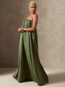 Vixey Solid Woven Sweetheart Neckline Flowy Maxi Strapless Dress, Resort Wear, Beach Vacation To Dinner, Resort Chic, Cruise Outfit, Olive Green Summer - Army Green - View 4
