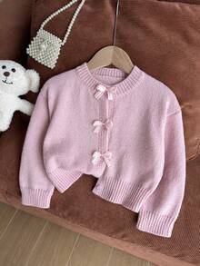 SHEIN Mädchen Herbst/Winter Mode handgefertigte Schleife gestrickter Pullover Langarm Strickjacke - Pink - Übersicht 7