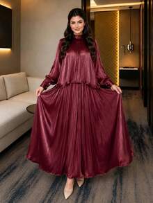 Auveirra Elegante conjunto de 2 piezas para mujer talla grande para primavera/verano: Blusa de manga larga suelta con cuello de corbata de gasa y falda evasé para estar en casa - Burdeos - Ver 9