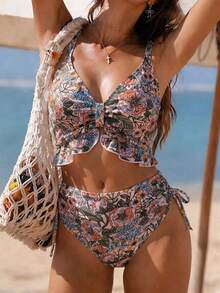 Swim Vcay Atasan Bikini Camisole Seksi Berenda Motif Bunga Tropis untuk Liburan Pantai Musim Panas Wanita - MultiWarna - View 1