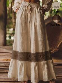 Holdful Holdful Women's Long Skirt With Pockets, Elastic Waist & Tie Decoration, Ruffle Hem Lace Spliced Design - Apricot - View 3