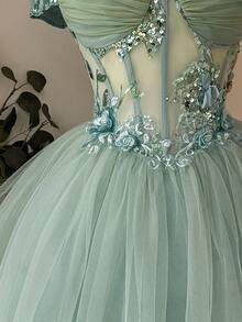 Lovelzi Women's 3D Floral Decor Mesh Ball Gown Dress - Green - View 6