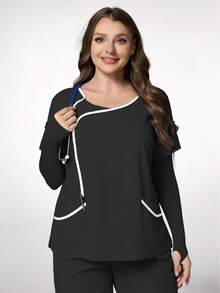 TaskEZ Black Plus Size Women's Fashion V-Neck Short Sleeve Contrast Color Patchwork Trim Uniform, Double Pocket Nurse Scrub Top, Summer Work Uniform - Multicolor - View 4