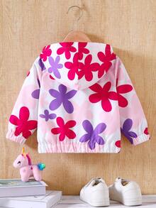 SHEIN Elladie kids 女童新款時尚連帽拉鍊夾克，梭織布料搭配彩色花卉數位印花圖案，彈性袖口與下擺設計，長袖休閒時尚外套，柔軟舒適面料，可愛甜美風格，適合日常穿著、上學、外出、度假與派對 - 紫色 - 查看 2