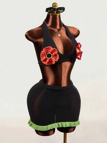 Mistrie Women's Sweater Two Pieces Set Short-Sleeved Knitted Top Fashionable Slim Sexy Boho Vacation Style Short Skirt Commuting Spicy Girl Beach Black Floral - Black - View 5