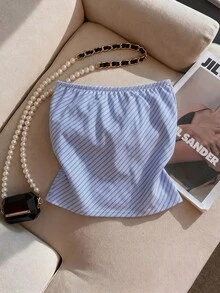 Franclia 女士时尚度假性感褶皱条纹金属装饰抹胸上衣 - 藍色 - 查看 2