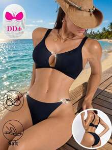 Voyashape Women's Summer Beach Party Solid Color Metal Decor Bikini Top And Triangle Bottoms Swimwear Set Black Sexy Tropical - Black - View 7