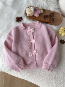 SHEIN Mädchen Herbst/Winter Mode handgefertigte Schleife gestrickter Pullover Langarm Strickjacke - Pink - Übersicht 3