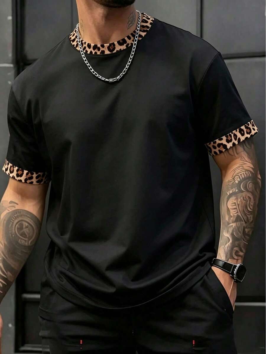Manfinity Dauomo 男士夏季新款休闲宽松撞色领短袖T恤,黑色豹纹印花设计,适合户外、摄影、街头风、约会等场合。 - 彩色 - 查看 1
