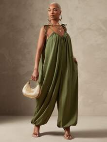 Vixey Lightweight Woven Self Tie Cami Strap Balloon Leg Jumpsuit, Resort Wear, Beach To Dinner, Resort Chic, Vacation Ready, Cruise Outfit, Vacation Outfit - Army Green - View 3