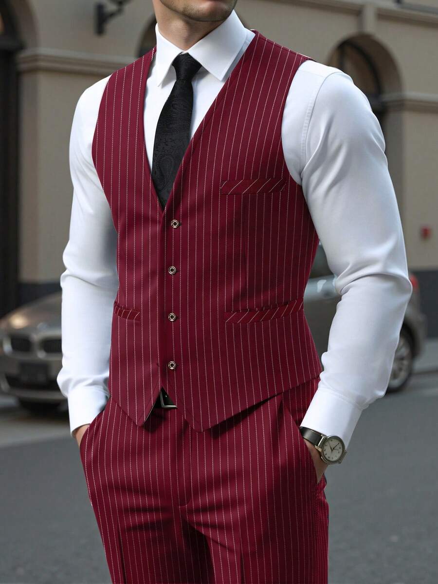 Manfinity Mode Men's Fashion Striped Vest & Pants Suit Set - Burgundy - View 1