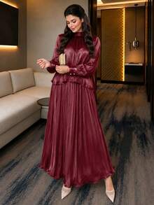 Auveirra Elegante conjunto de 2 piezas para mujer talla grande para primavera/verano: Blusa de manga larga suelta con cuello de corbata de gasa y falda evasé para estar en casa - Burdeos - Ver 5