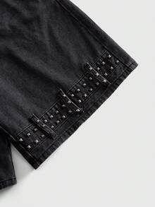 ROMWE MEN Men's Loose Fit Denim Shorts With Rivet Decoration - Black - View 5