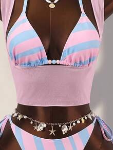 Zestiva Women's Summer Beach Vacation Halter Tie Beaded Decor Backless Sexy Bikini Swimsuit 3-Piece Set - Multicolor - View 5