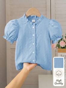 SHEIN Elladie kids 女童休閒短袖棉質提花布料，柔軟蓬鬆，新時尚，度假與旅行必備，適合外出、休閒穿著與派對 - 藍色 - 查看 4