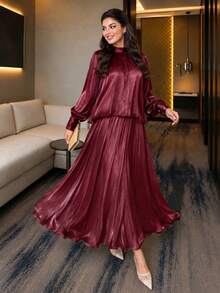Auveirra Elegante conjunto de 2 piezas para mujer talla grande para primavera/verano: Blusa de manga larga suelta con cuello de corbata de gasa y falda evasé para estar en casa - Burdeos - Ver 1