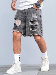 Manfinity Roughcore Quần short denim thiết kế hình thang rộng rãi cho nam - Xám - Xem 5
