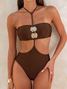 Swim Vcay 2026 Women's Elegant Vacation One-Piece Swimsuit, Halter Neck Design With Front Trim Decoration, Suitable For Back To School Season, Graduation Season, Beach And Vacation Wear - Coffee Brown - View 3