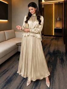 Auveirra Elegant Modest Women's 2-Piece Set Champagne Formal Autumn Chiffon Tie-Neck Loose Long Sleeve Top & A-Line Skirt Plus Size Commuting Sets - Apricot - View 4