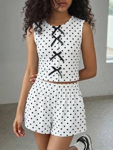 SHEIN 青少年女孩黑白波點針織無袖短版上衣與寬鬆短褲2件套度假休閒可愛套裝，春夏款 - 黑與白 - 查看 8